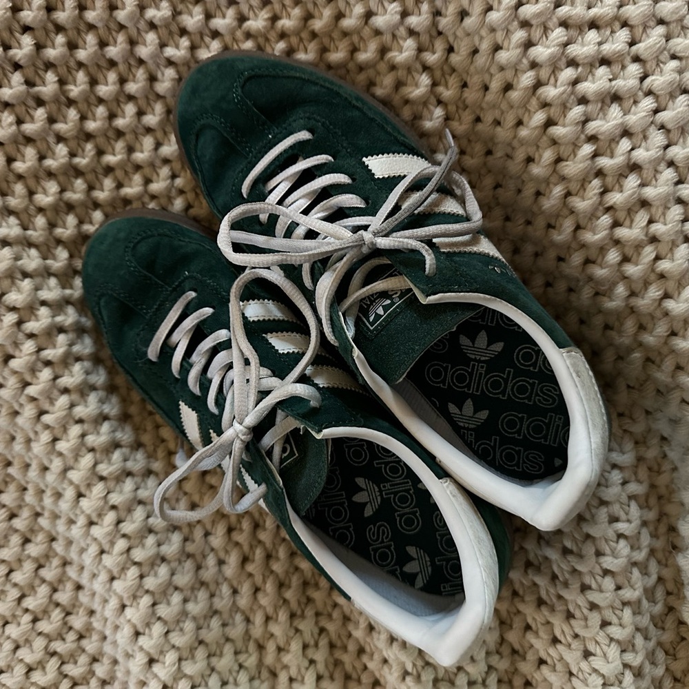 Adidas Women’s 9.5 Handball Spezial Forest Green Suede Shoes with White Stripes